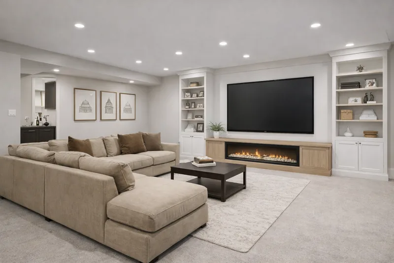 Finished basement renovation with custom built-in entertainment unit and modern living space