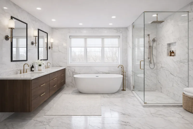 Luxury bathroom renovation with double vanity, freestanding soaker tub, and walk-in shower