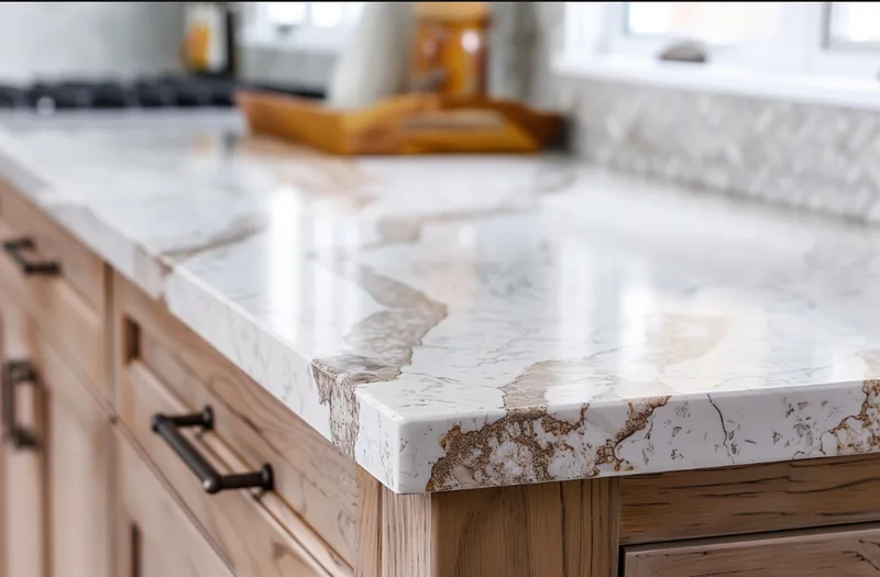 Marble countertop and backsplash installation with custom cabinetry