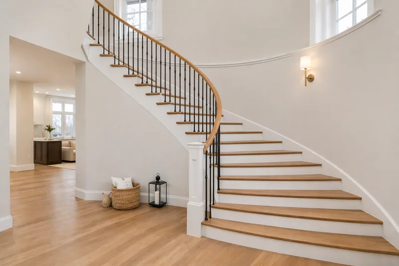 Custom curved hardwood staircase installation in a Durham Region home