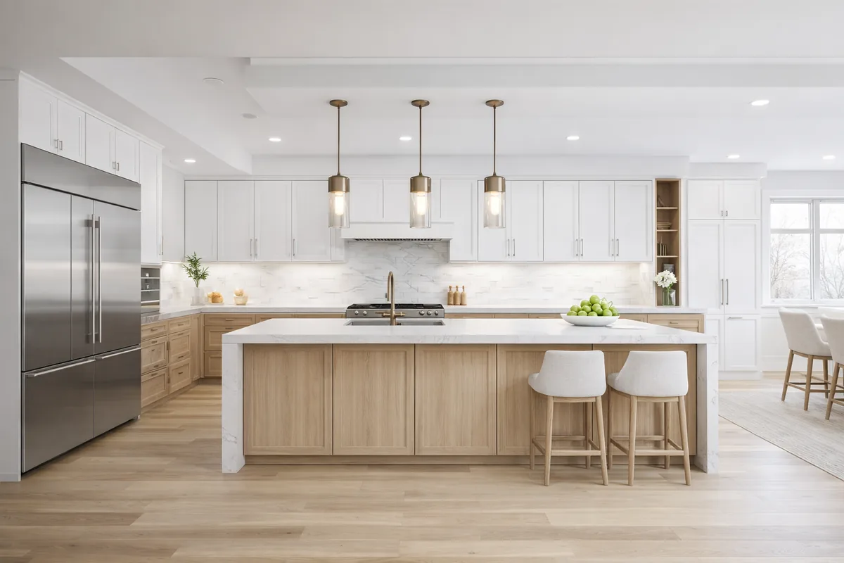 Modern kitchen renovation in Durham Region featuring white cabinets, large center island, pendant lighting, and hardwood flooring