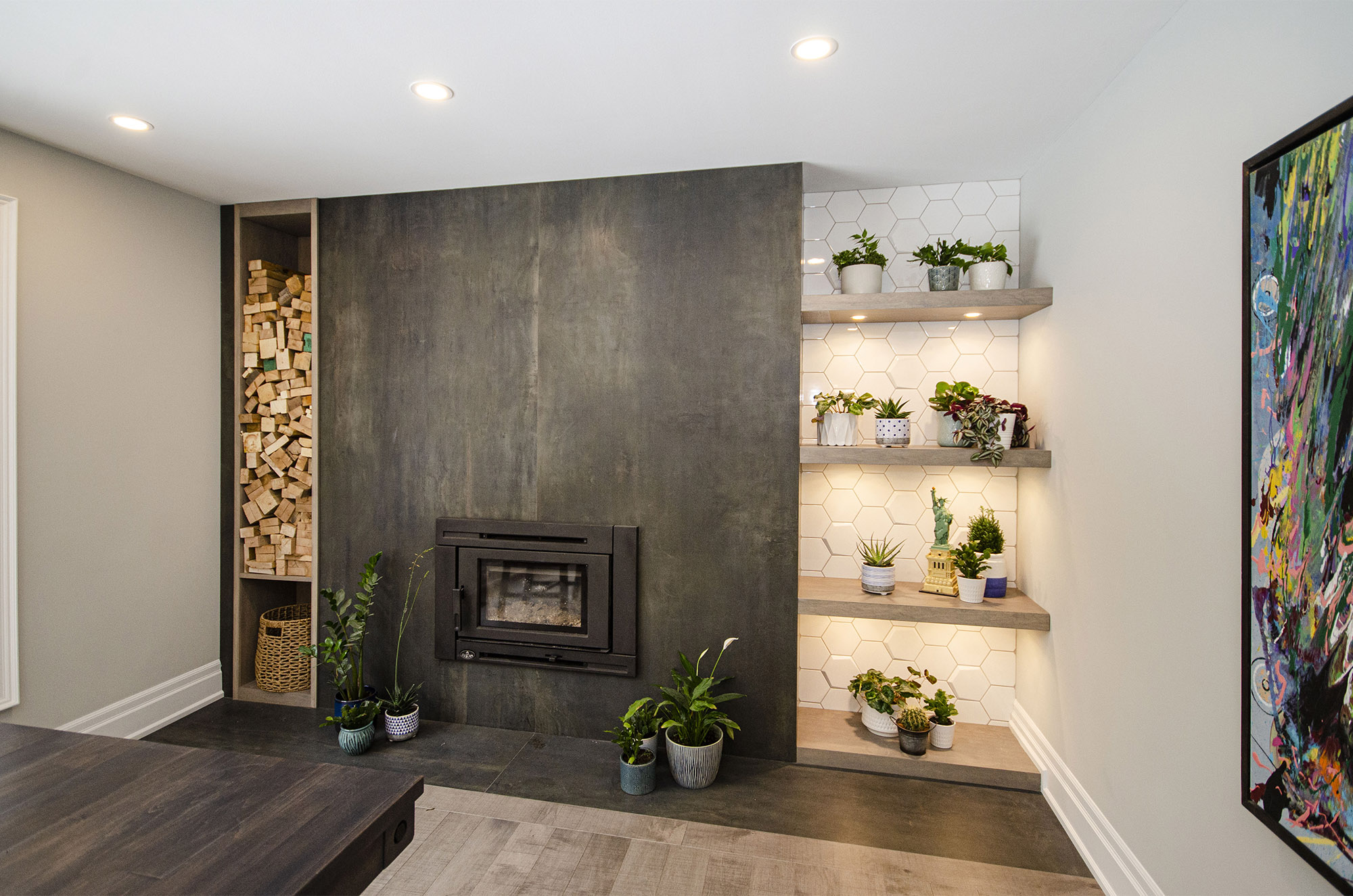 Porcelain slab fireplace feature wall