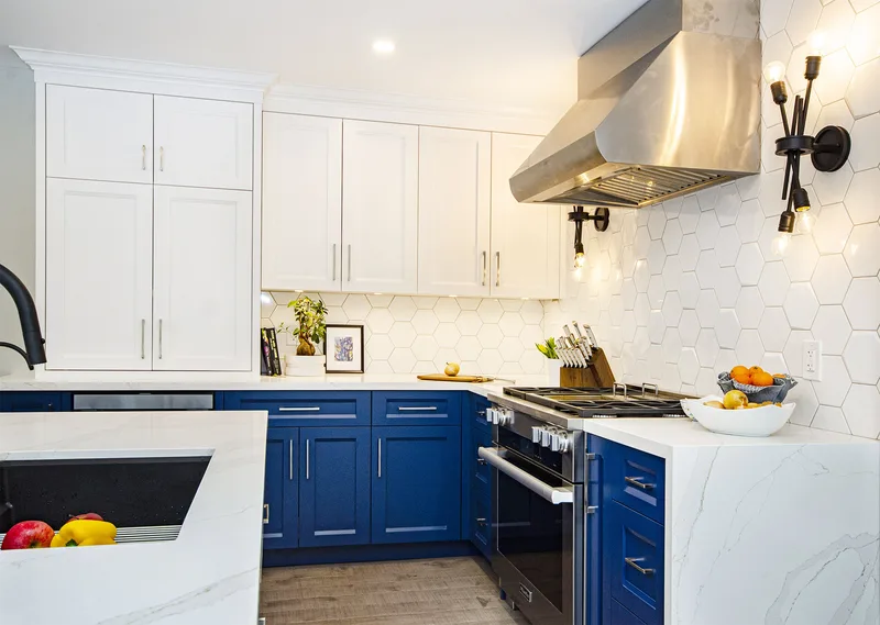 Transitional White & Blue Kitchen with Some Gold - Image 2