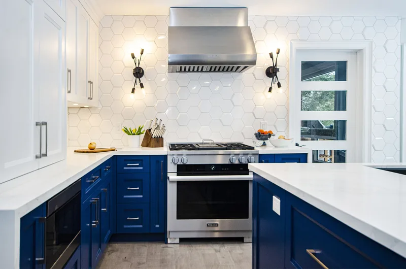 Transitional White & Blue Kitchen with Some Gold - Image 3