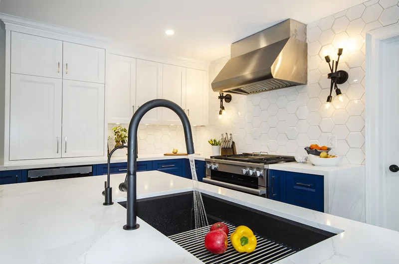Transitional White & Blue Kitchen with Some Gold - Image 9