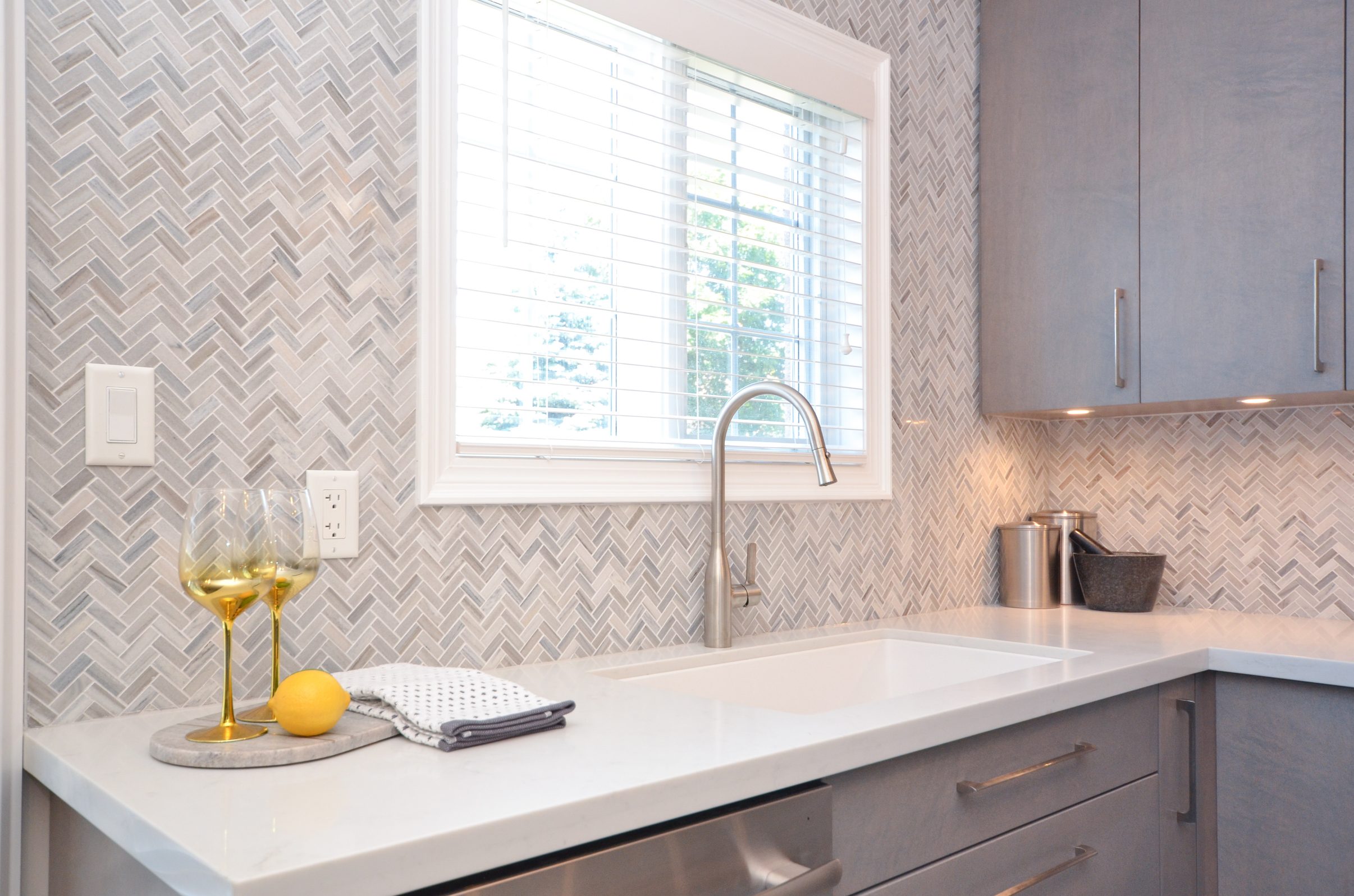 Marble Herringbone Mosaic | Stylish Grey Kitchen | Floor and Bath Design