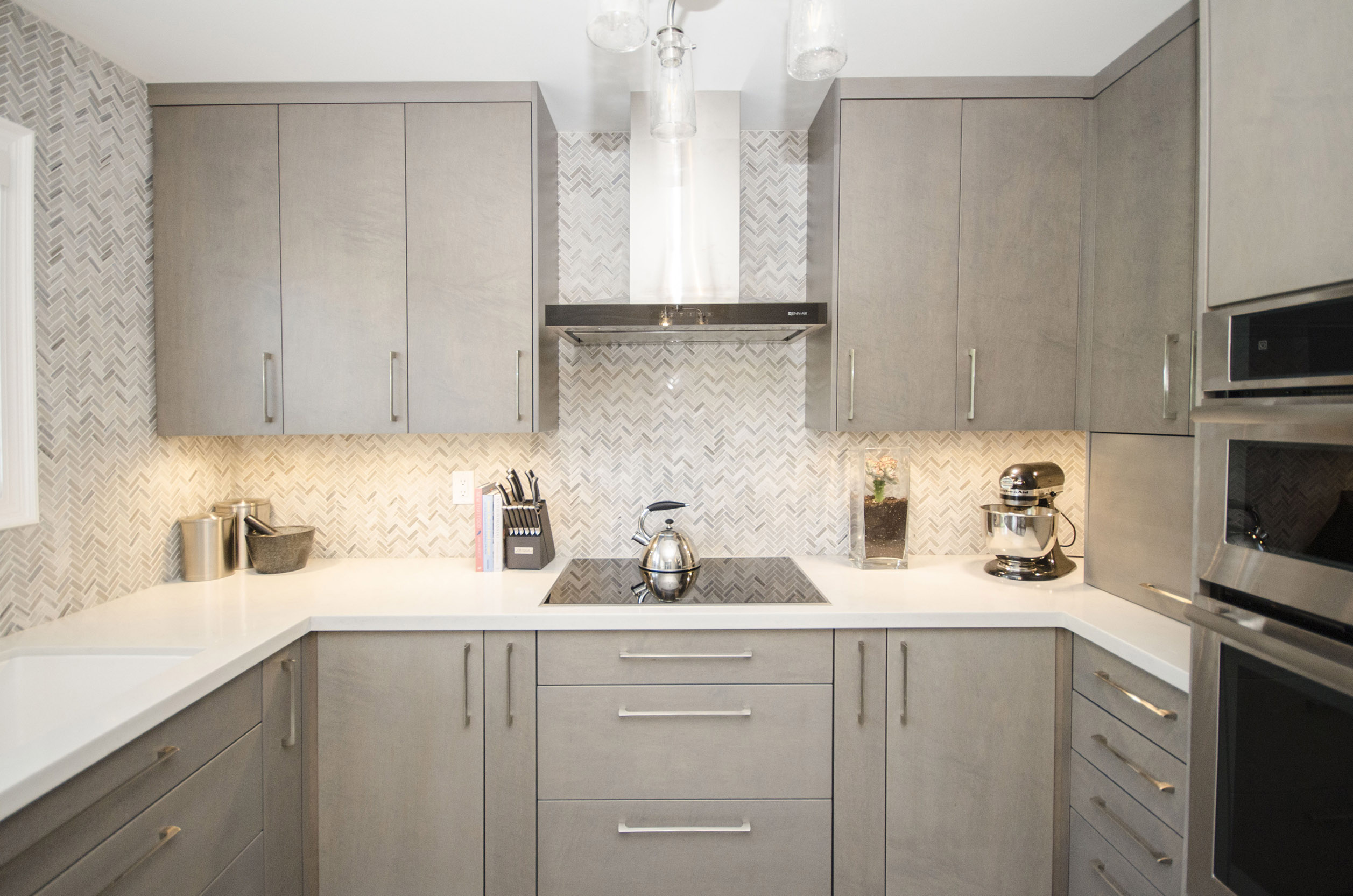 Marble Herringbone Mosaic | Stylish Grey Kitchen | Floor and Bath Design