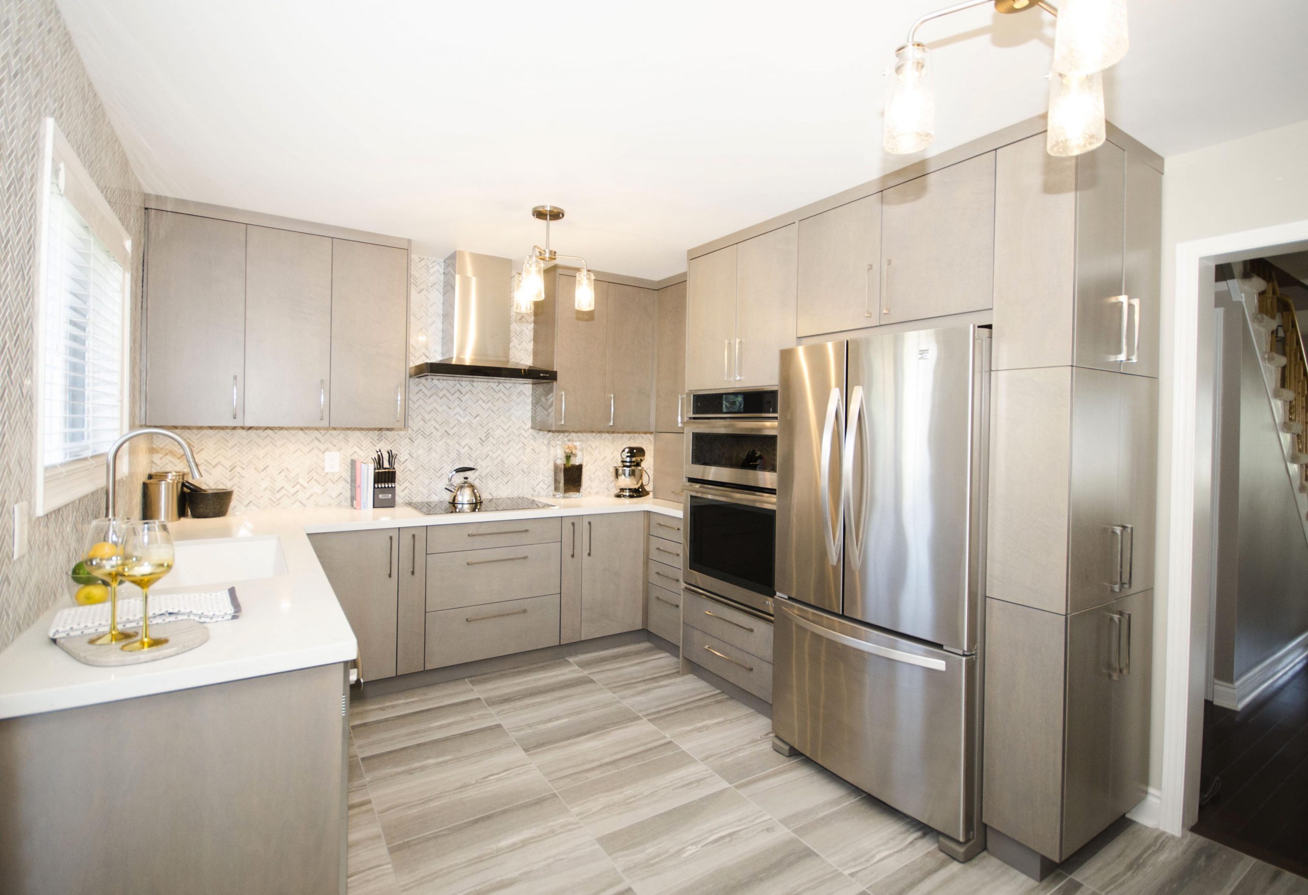 Stylish Grey Kitchen with full Height Cabinets | Floor and Bath Design