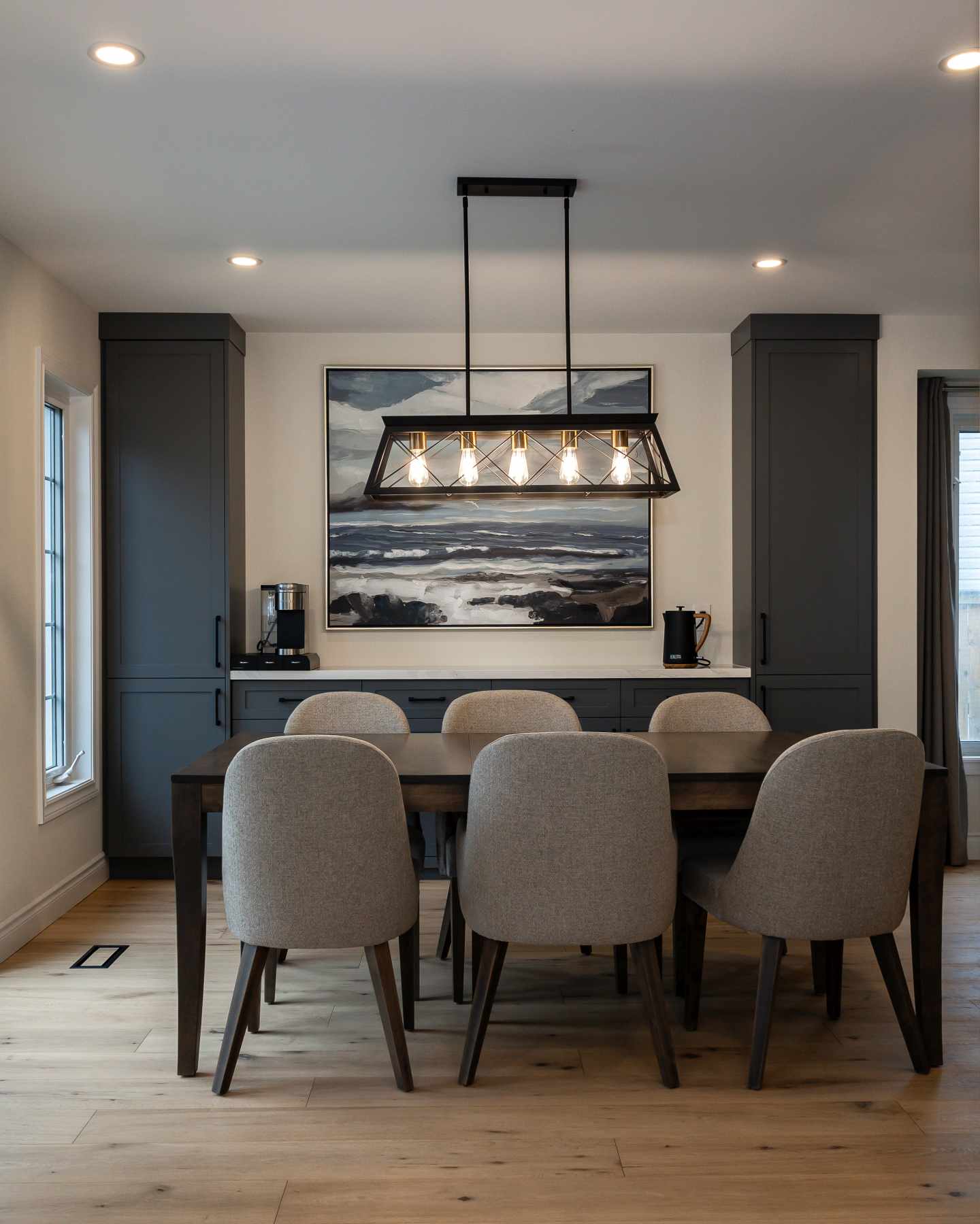 Custom dining room built-in matching kitchen cabinetry