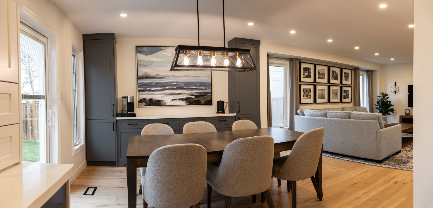 Custom dining room built-in matching kitchen cabinetry