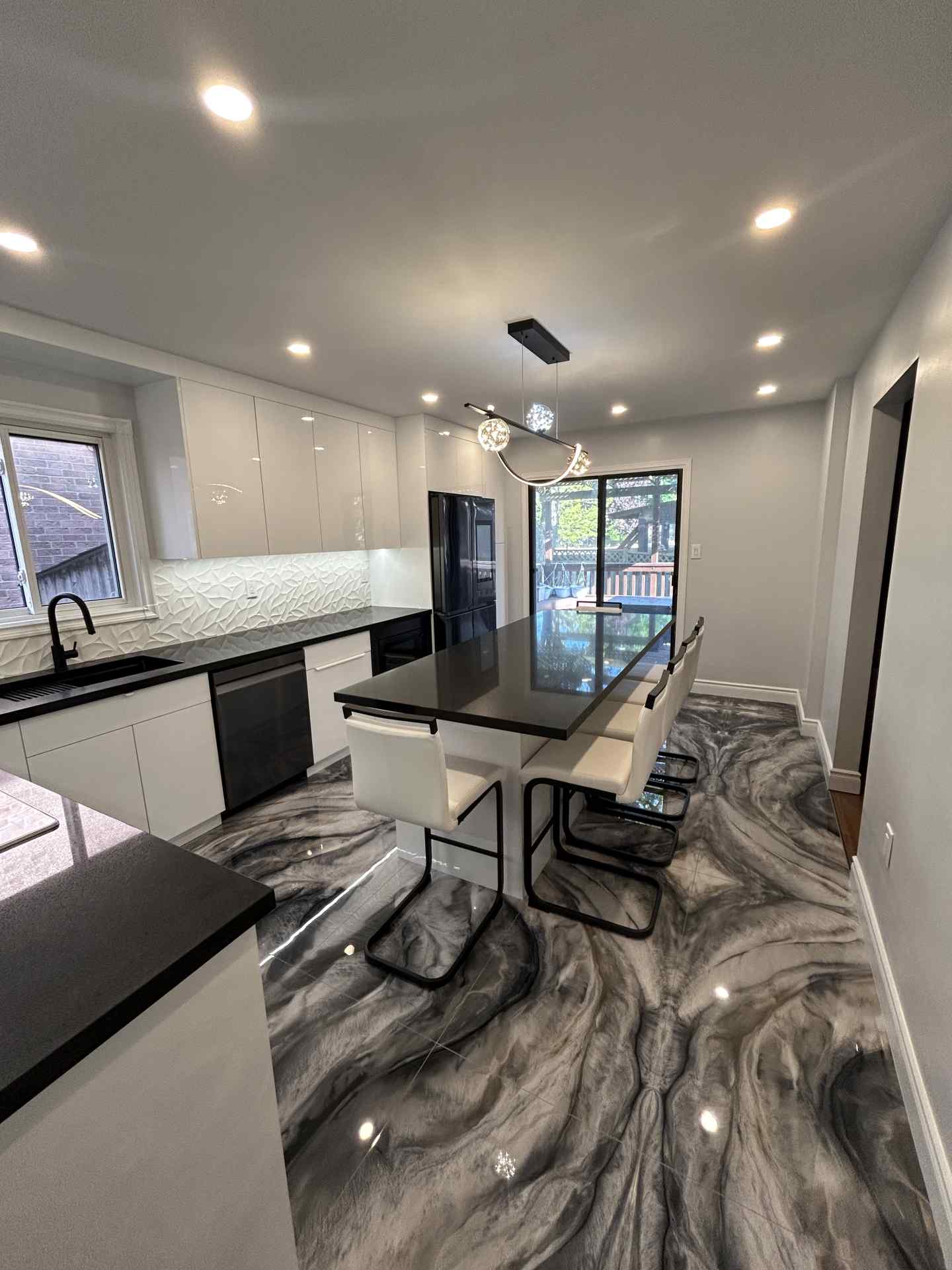 Textured 3D porcelain tile backsplash with LED lighting